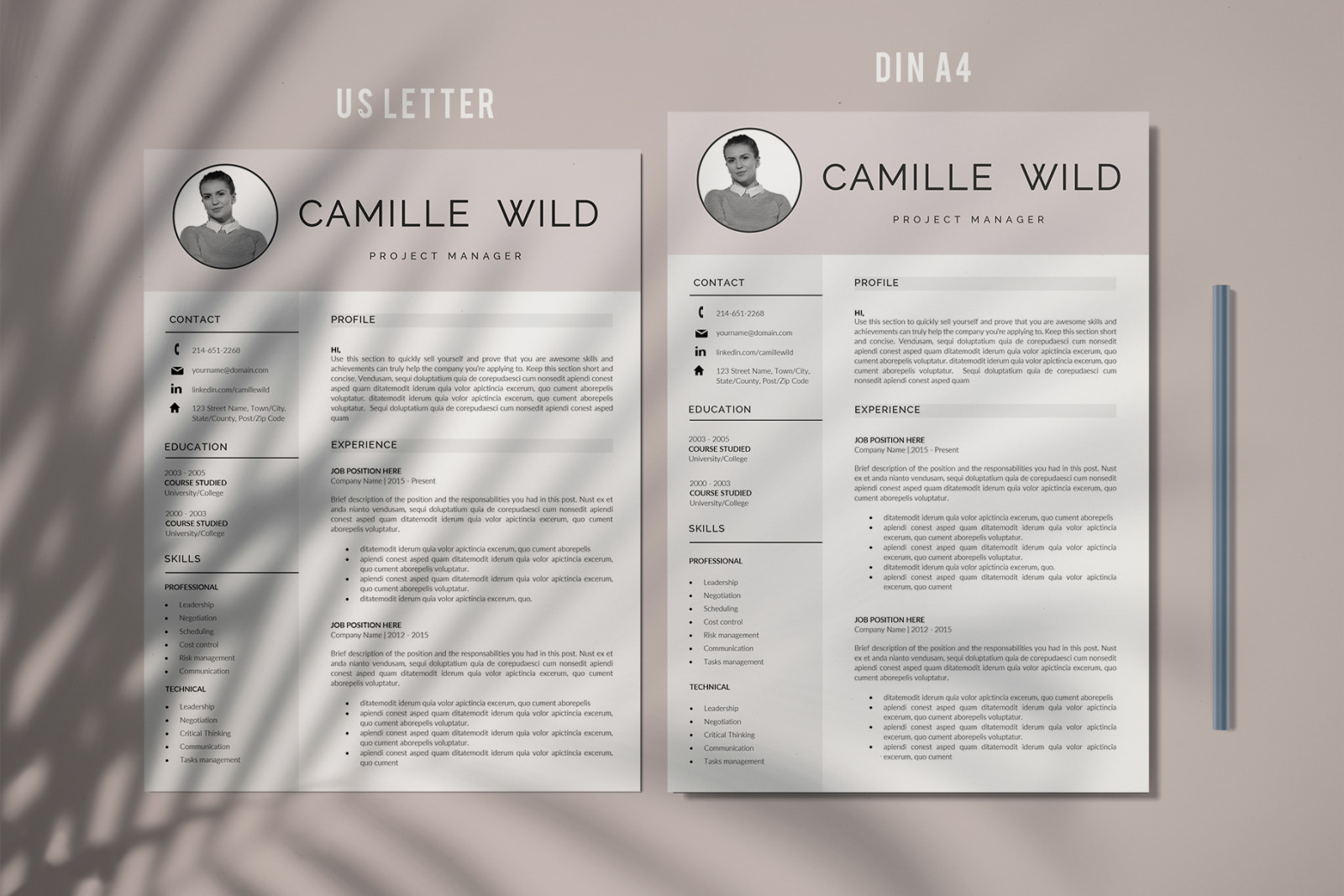 Professional CV Template for Project Manager. Instant Download Cover Letter &amp; Resume with Photo