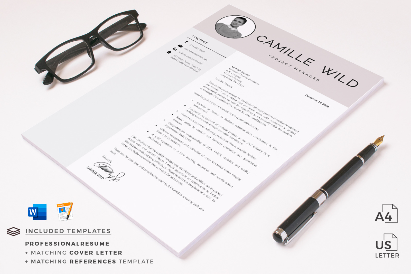 Professional CV Template for Project Manager. Instant Download Cover Letter &amp; Resume with Photo