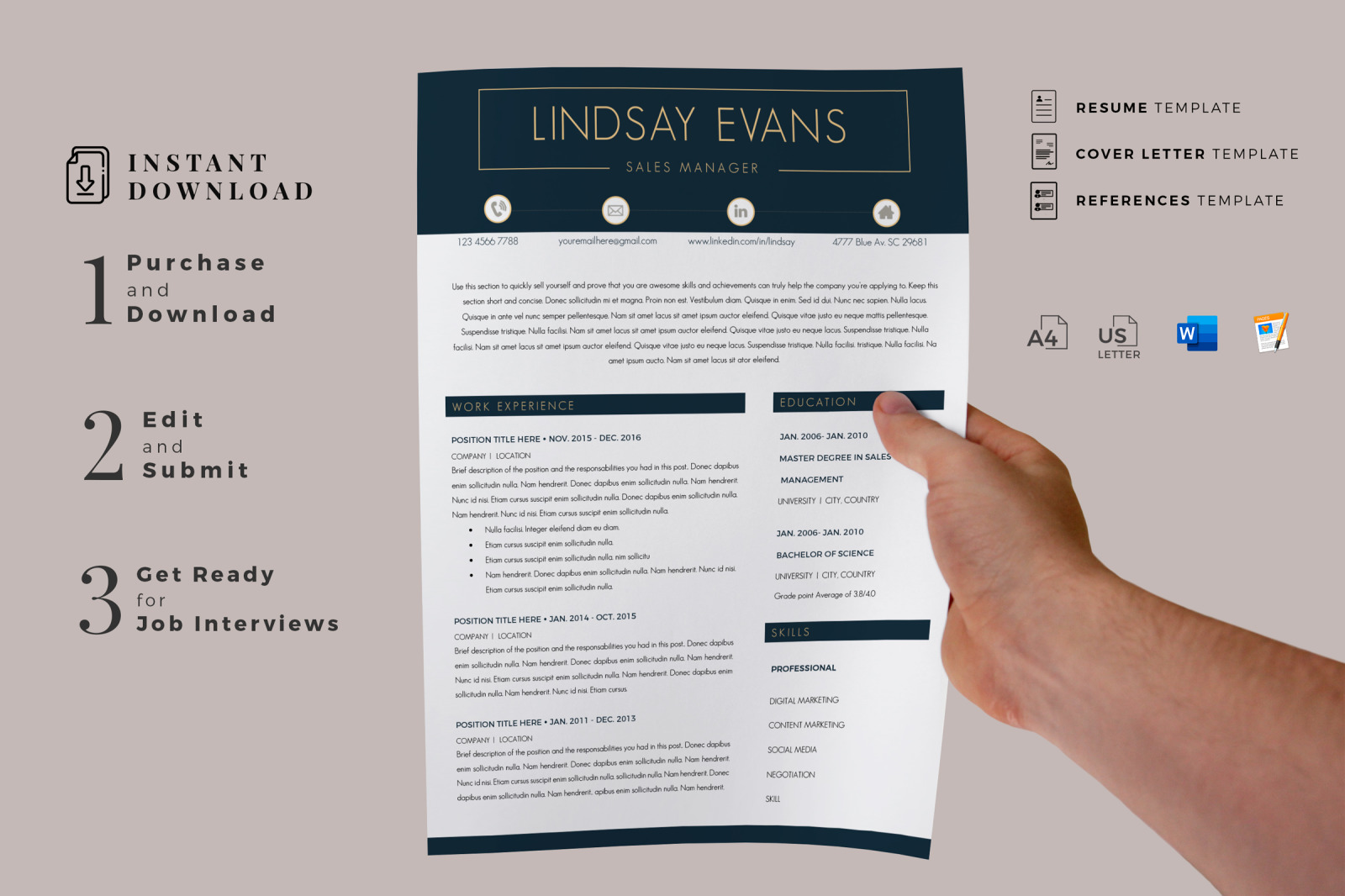 Sales Manager Professional Resume, CV template + Cover Letter template + References Template