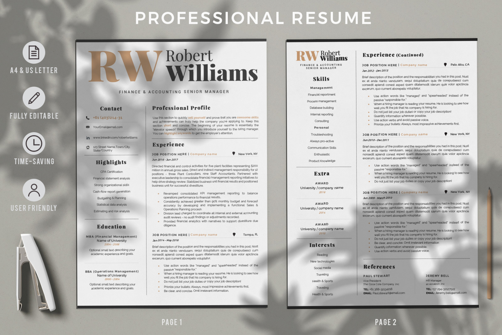 Accountant Sales Resume Template + Cover Letter format and References for MS Word and Mac Pages