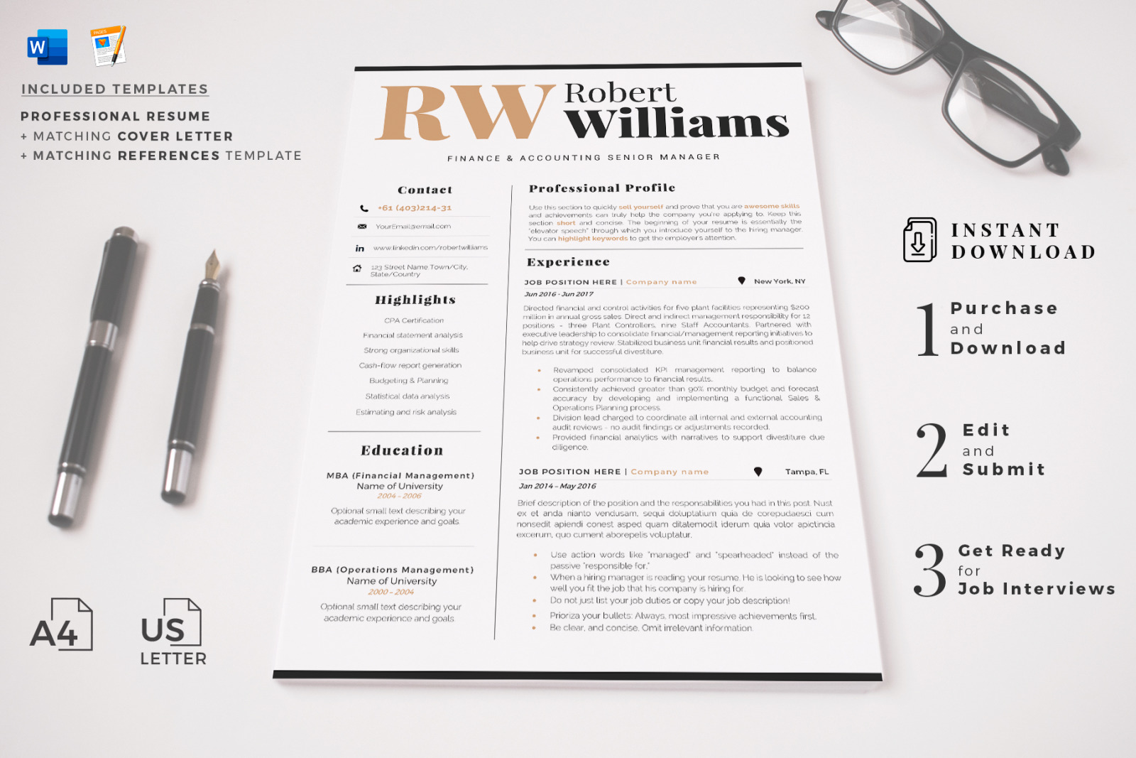 Accountant Sales Resume Template + Cover Letter format and References for MS Word and Mac Pages