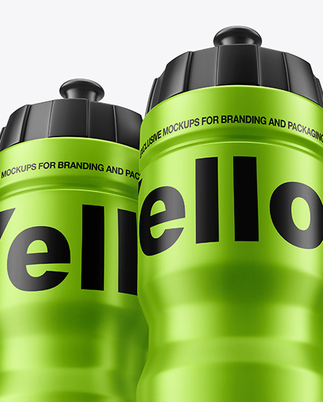 Three Matte Metallic Sport Bottles Mockup Three Matte Metallic Sport Bottles Mockup