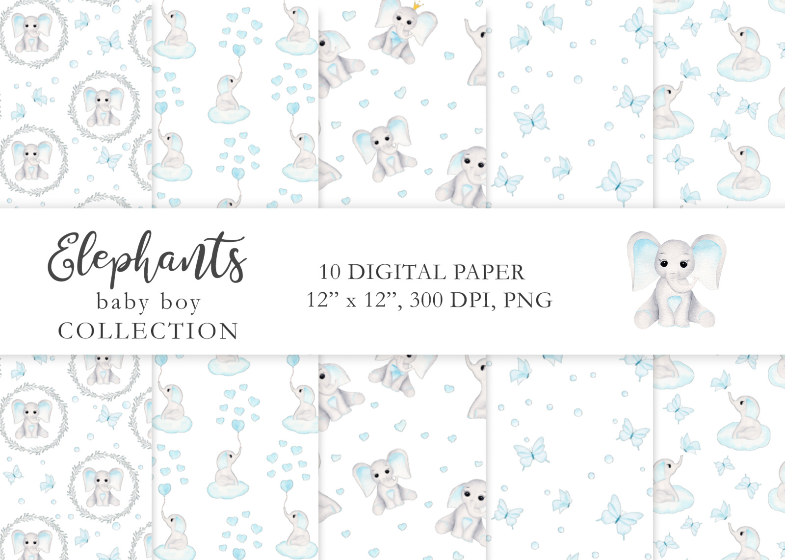 Watercolor Baby Boy Elephants Collection Watercolor Baby Boy Elephants Collection