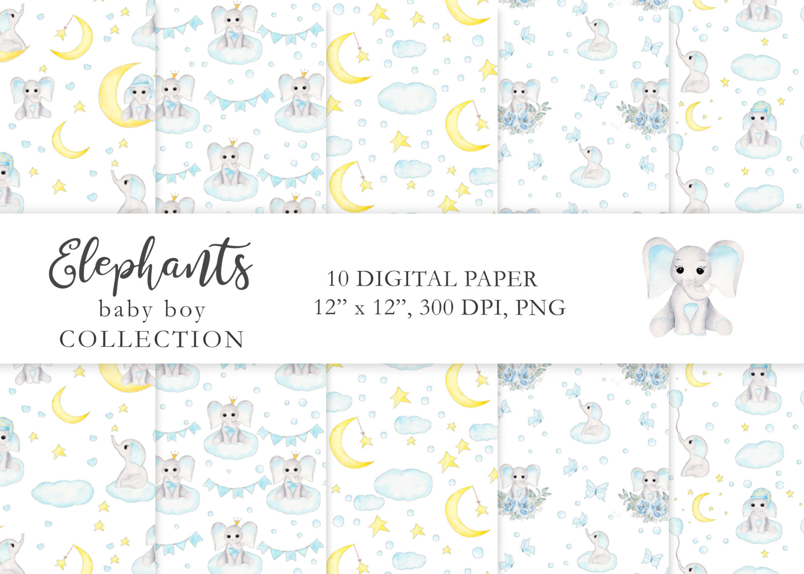 Watercolor Baby Boy Elephants Collection Watercolor Baby Boy Elephants Collection