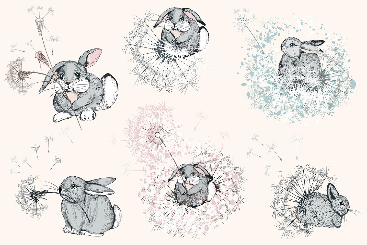 Pretty bunnies vector illustrations set Pretty bunnies vector illustrations set