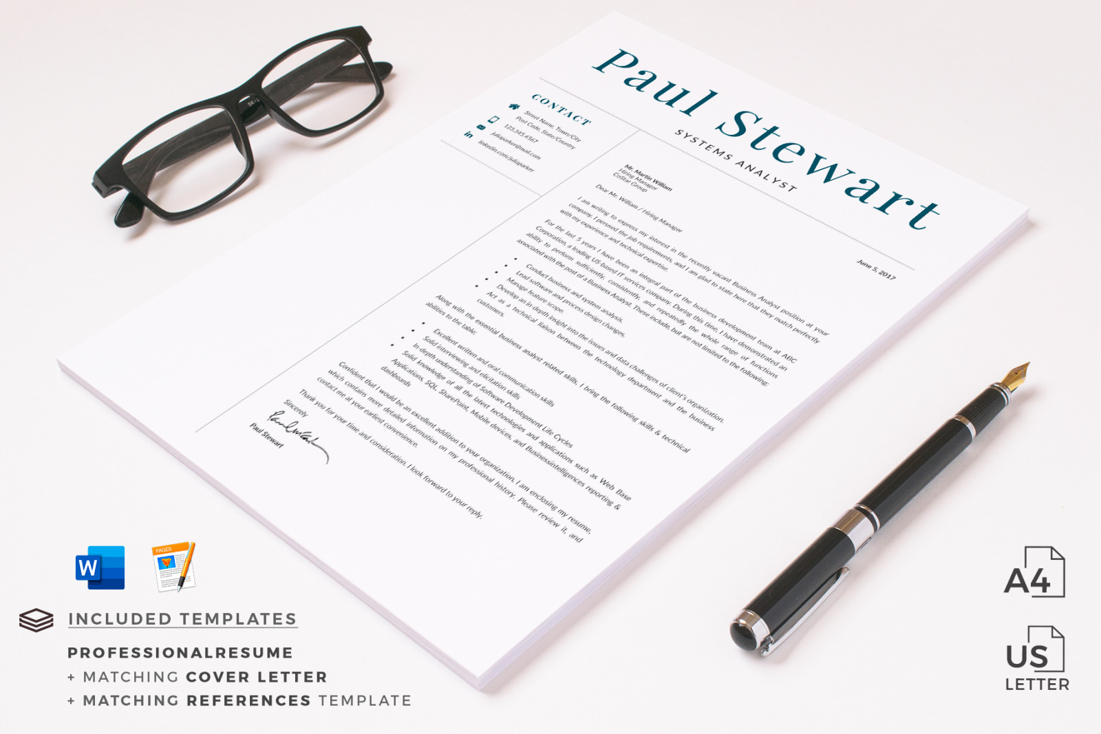 Professional Resume for Word and Pages. Resume + Cover Letter + References + Career tips + icon set