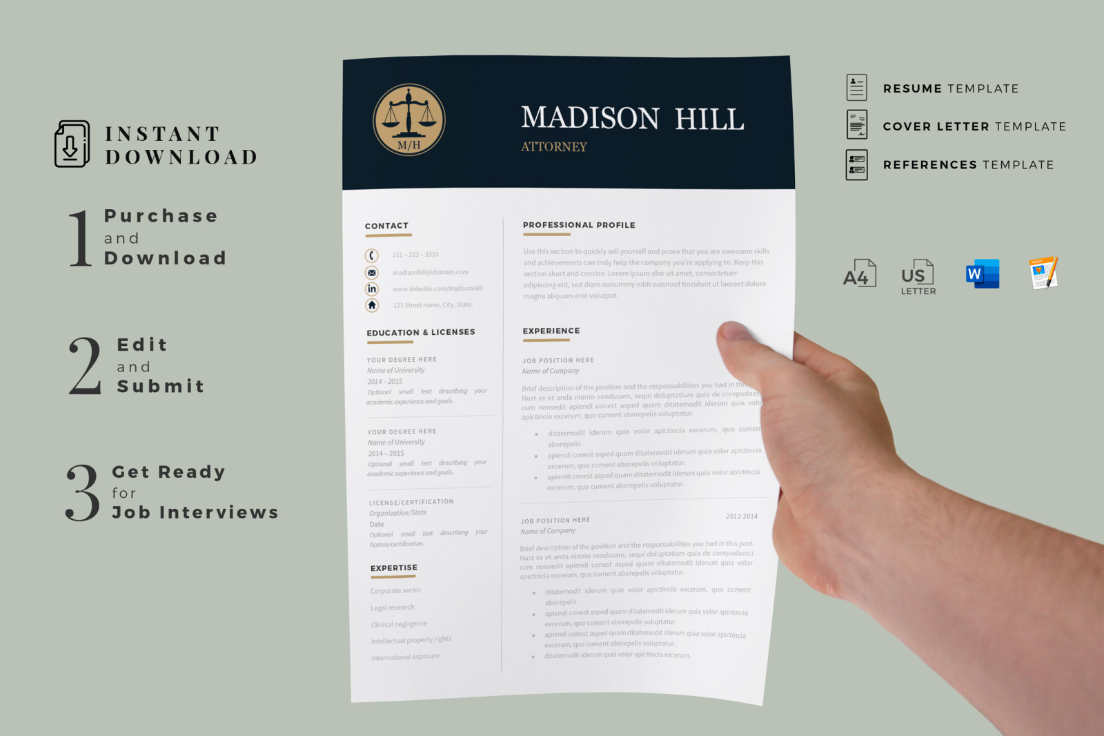 Attorney Resume, CV. Lawyer Resume Template + Legal Cover Letter + References + Tips