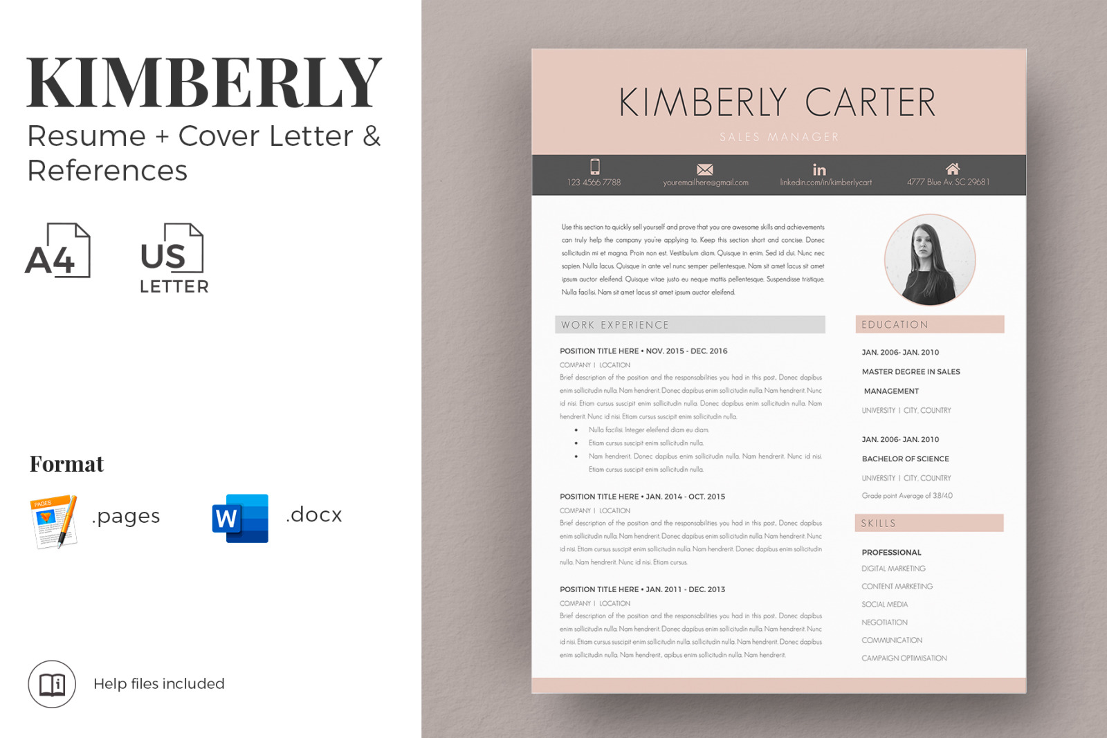 Modern CV template with photo for Sales Manager. CV, Resume + Cover Letter + References + icons