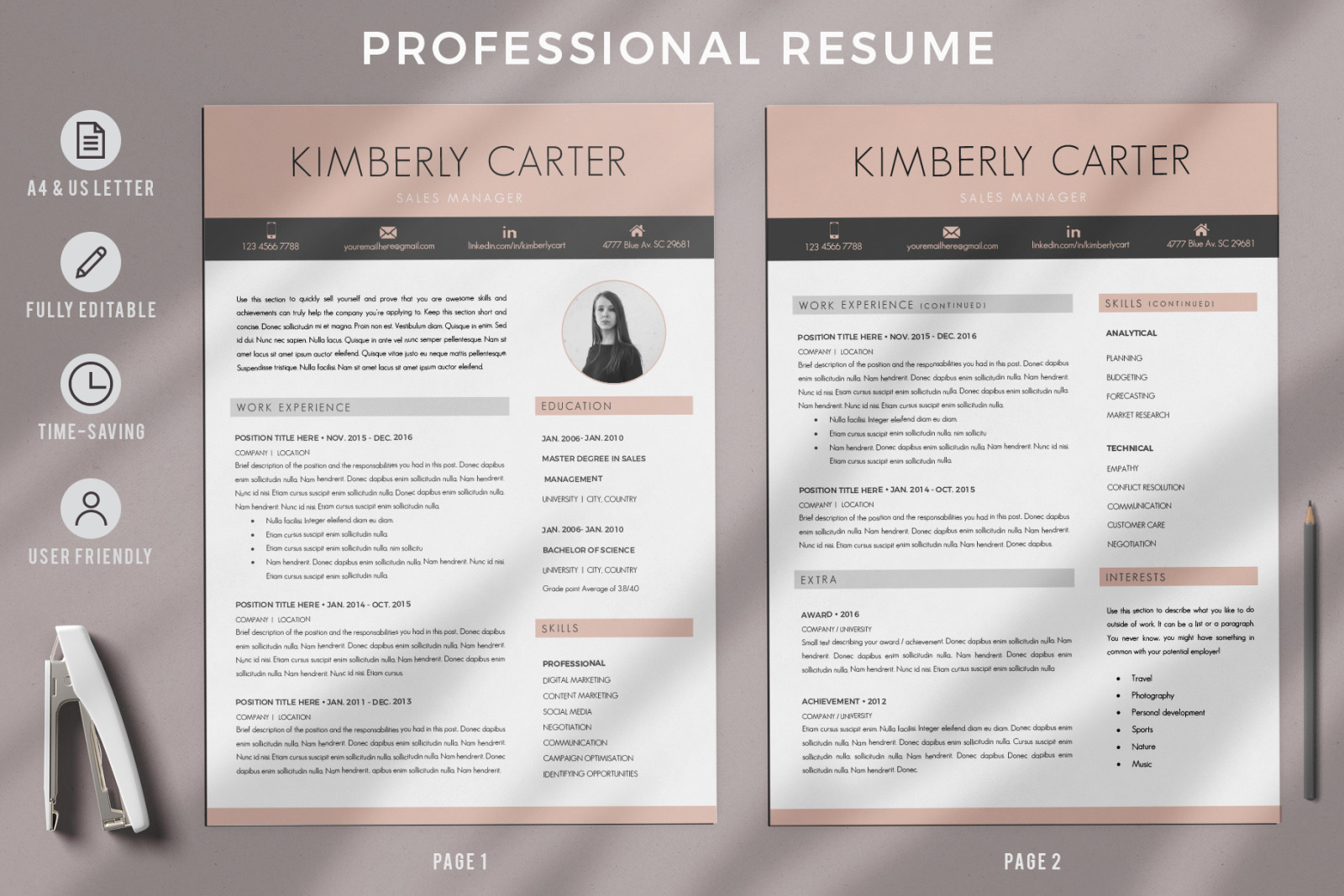 Modern CV template with photo for Sales Manager. CV, Resume + Cover Letter + References + icons