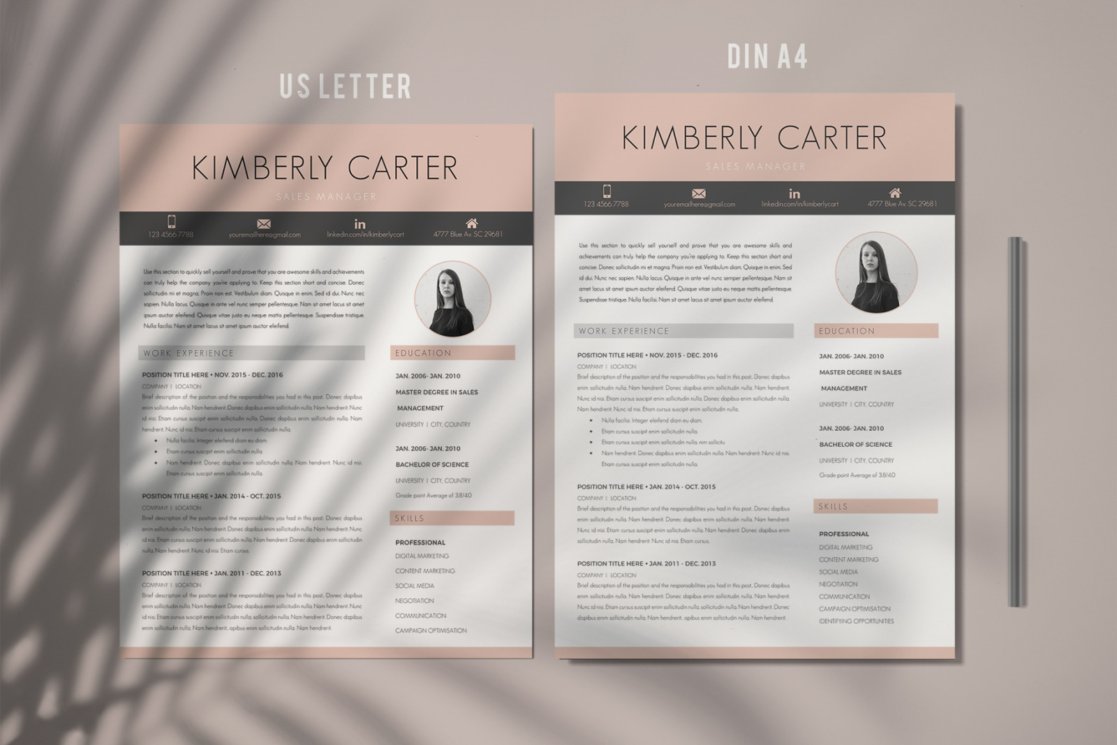 Modern CV template with photo for Sales Manager. CV, Resume + Cover Letter + References + icons