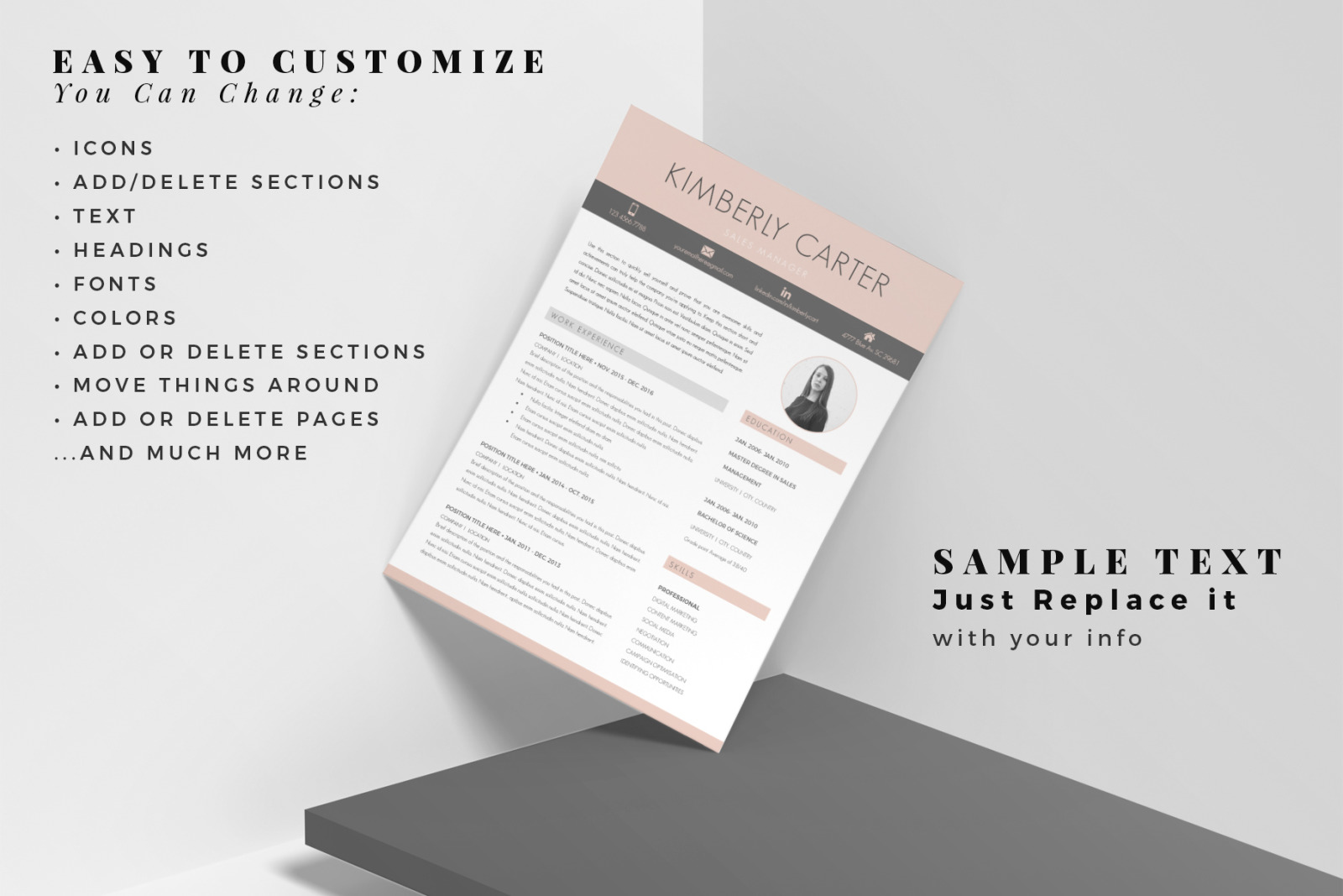 Modern CV template with photo for Sales Manager. CV, Resume + Cover Letter + References + icons