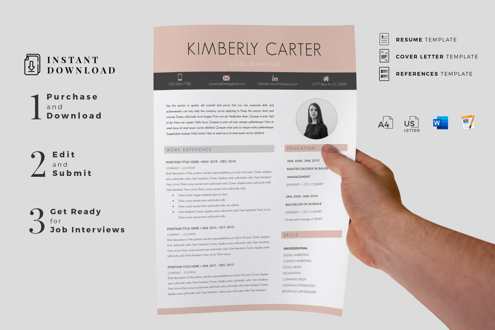 Modern CV template with photo for Sales Manager. CV, Resume + Cover Letter + References + icons