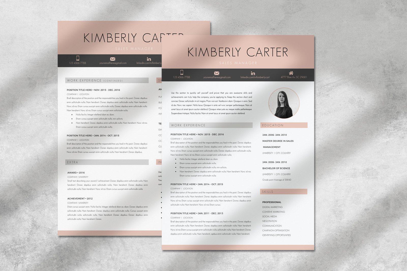 Modern CV template with photo for Sales Manager. CV, Resume + Cover Letter + References + icons