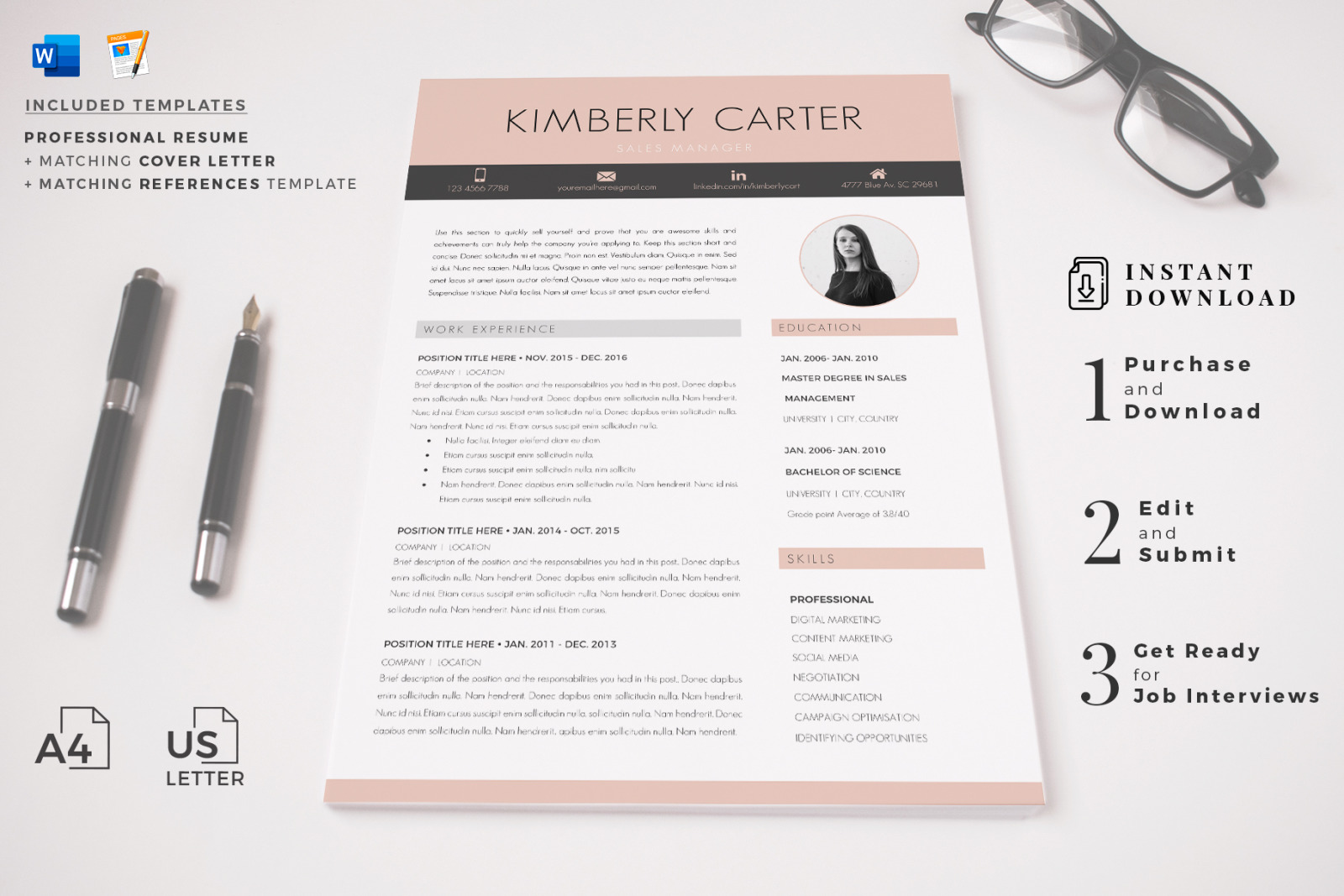 Modern CV template with photo for Sales Manager. CV, Resume + Cover Letter + References + icons