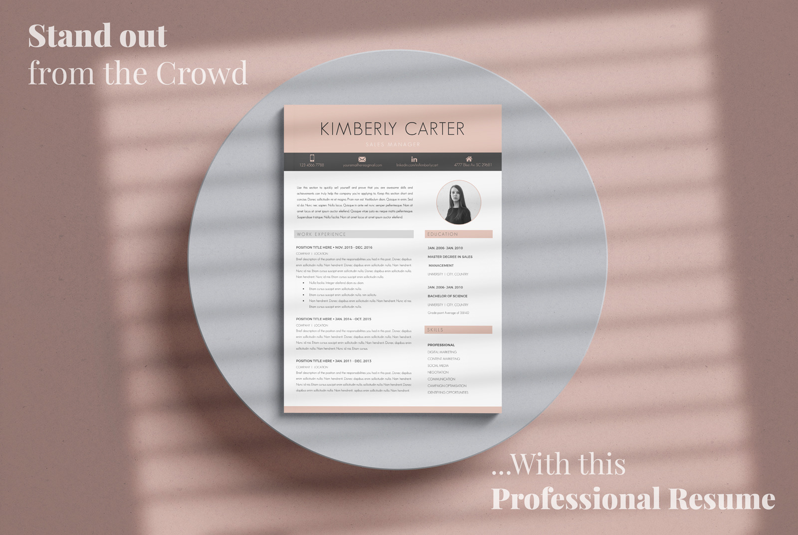 Modern CV template with photo for Sales Manager. CV, Resume + Cover Letter + References + icons