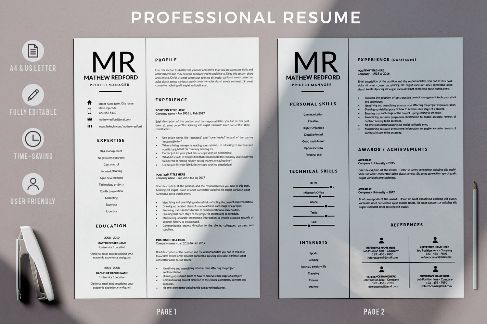 Minimalist Resume, CV for Word &amp; Mac Pages. Project Manager Resume &amp; Cover Letter. Instant download