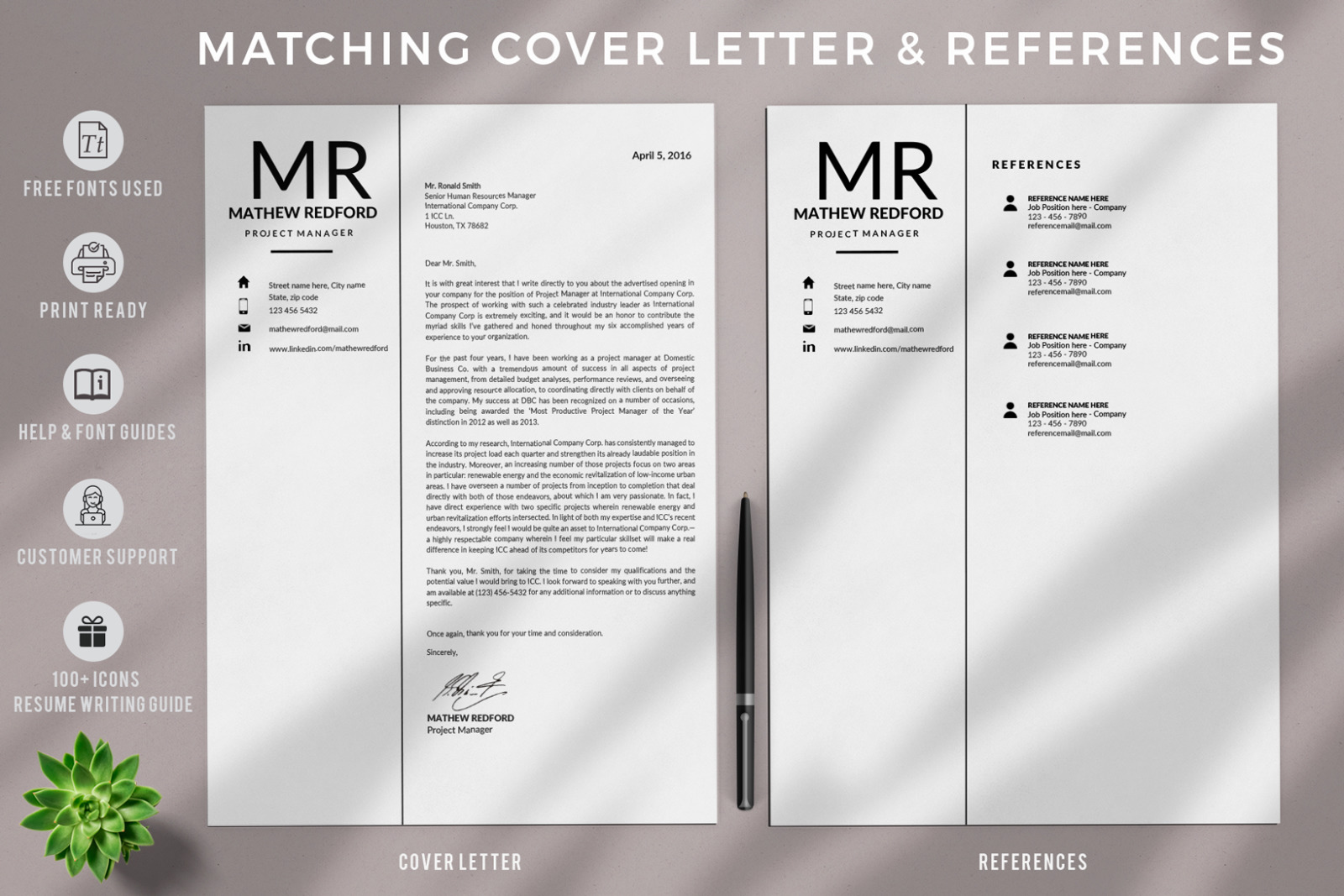 Minimalist Resume, CV for Word &amp; Mac Pages. Project Manager Resume &amp; Cover Letter. Instant download