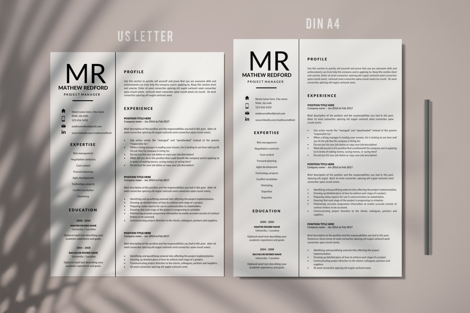 Minimalist Resume, CV for Word &amp; Mac Pages. Project Manager Resume &amp; Cover Letter. Instant download