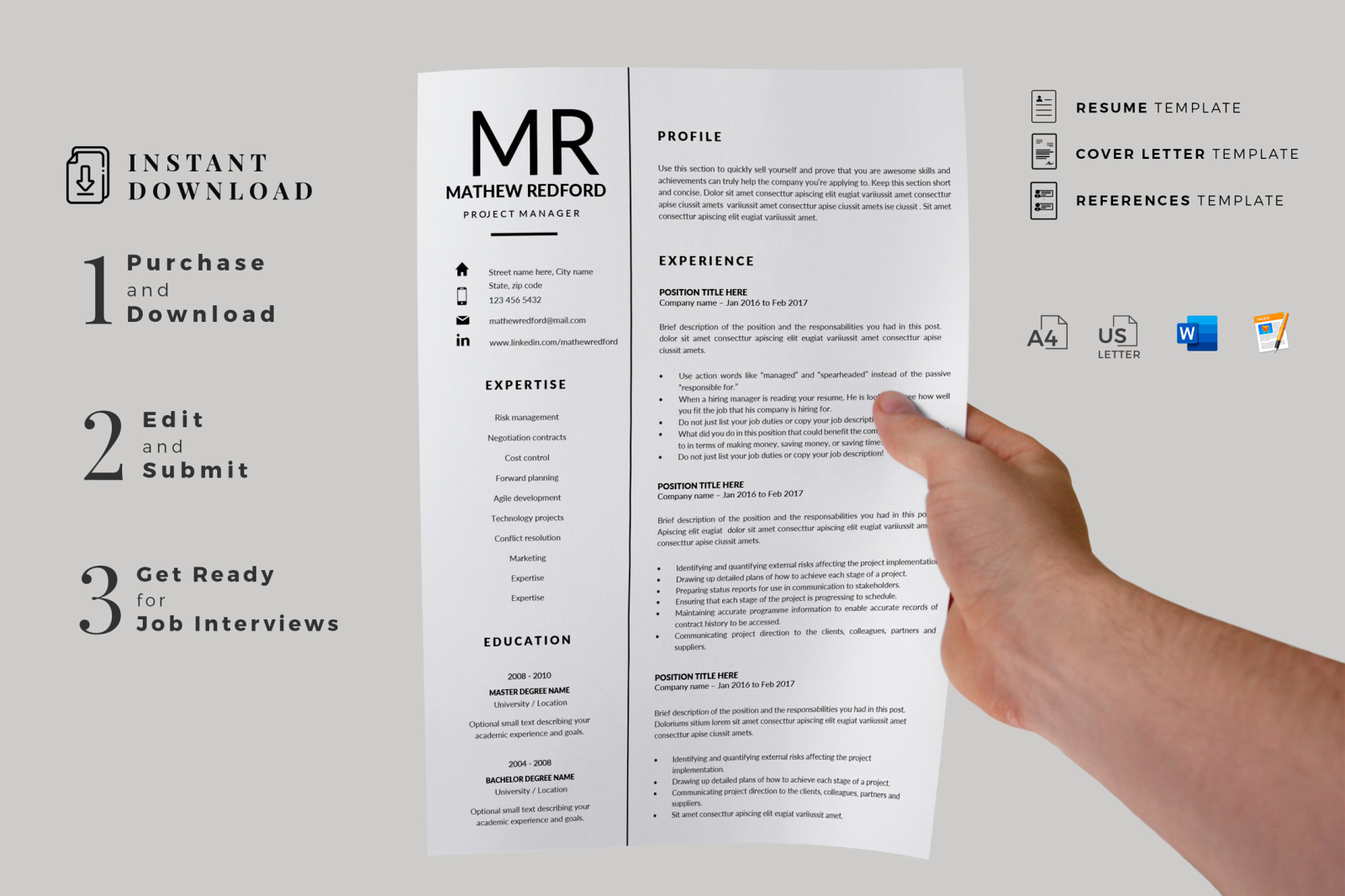 Minimalist Resume, CV for Word &amp; Mac Pages. Project Manager Resume &amp; Cover Letter. Instant download