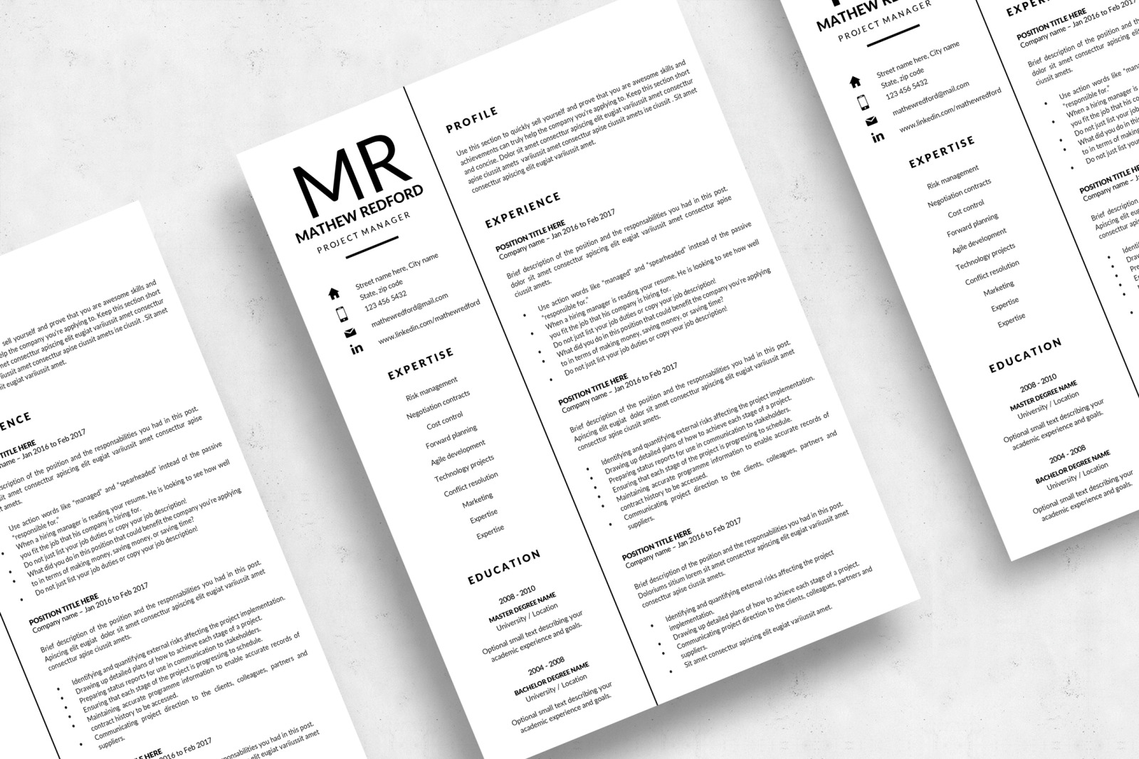 Minimalist Resume, CV for Word &amp; Mac Pages. Project Manager Resume &amp; Cover Letter. Instant download