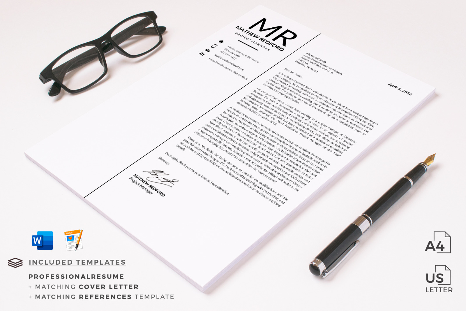 Minimalist Resume, CV for Word &amp; Mac Pages. Project Manager Resume &amp; Cover Letter. Instant download