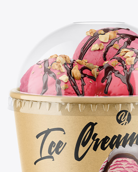 Kraft Ice Cream Cup with Plastic Cap Mockup - Front View