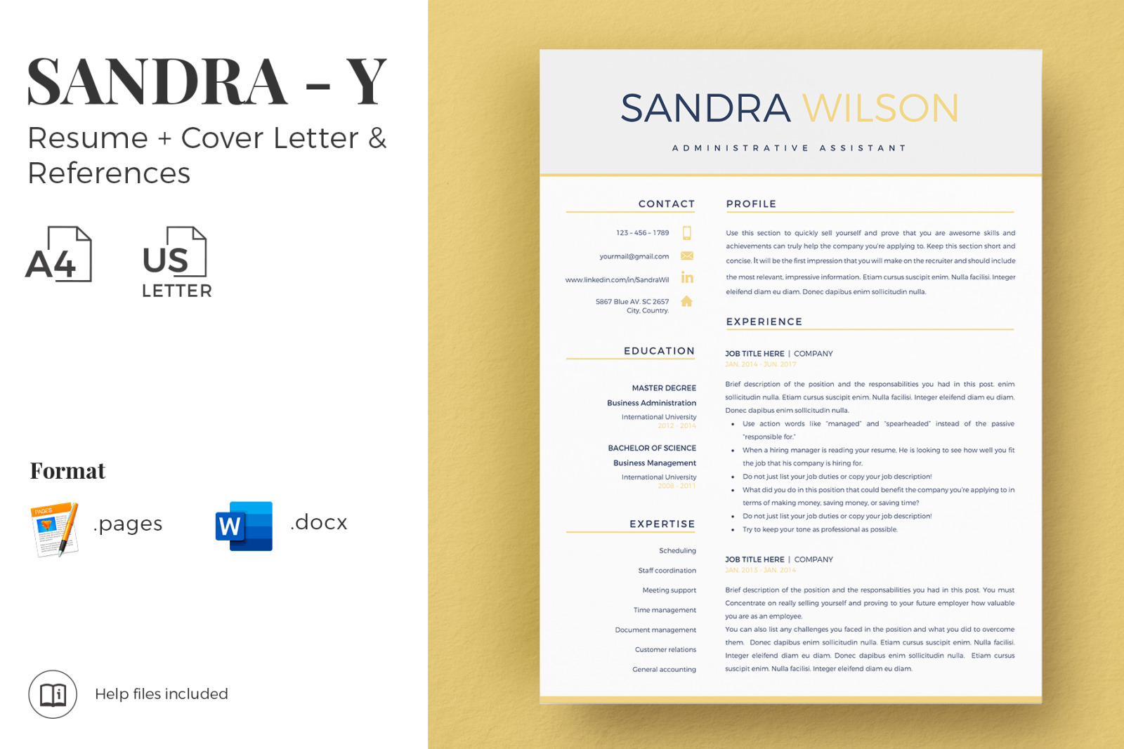 Modern Resume template in Word (docx) and iWork pages (.pages) format + Cover Letter and References