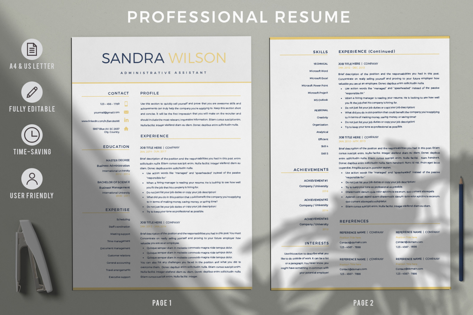 Modern Resume template in Word (docx) and iWork pages (.pages) format + Cover Letter and References