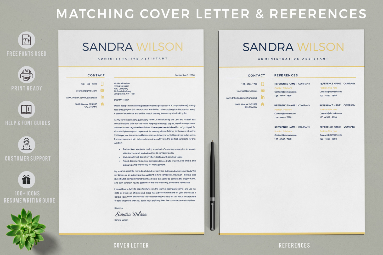 Modern Resume template in Word (docx) and iWork pages (.pages) format + Cover Letter and References