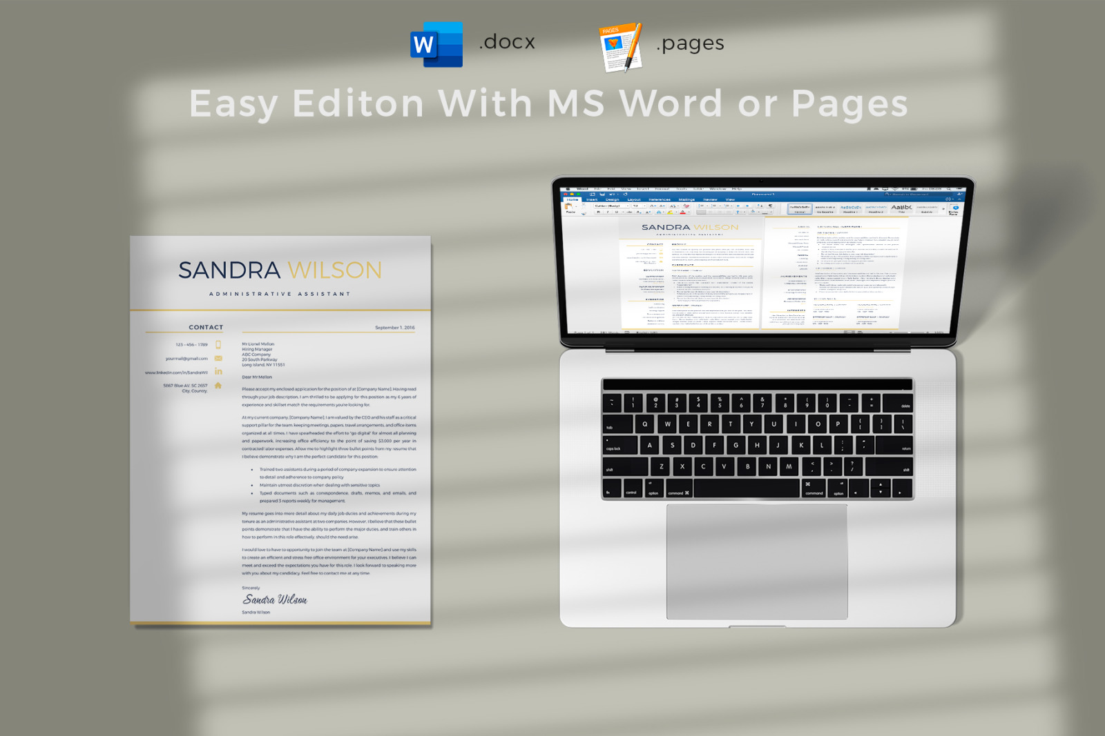 Modern Resume template in Word (docx) and iWork pages (.pages) format + Cover Letter and References