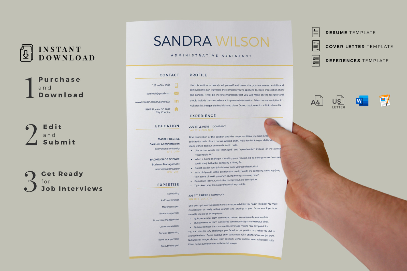 Modern Resume template in Word (docx) and iWork pages (.pages) format + Cover Letter and References