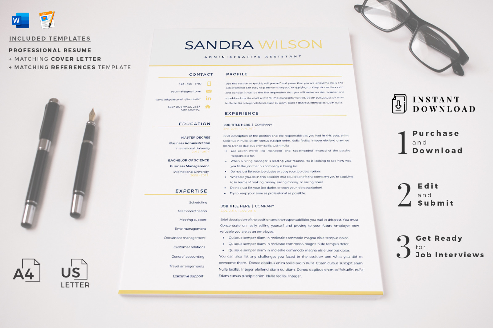 Modern Resume template in Word (docx) and iWork pages (.pages) format + Cover Letter and References