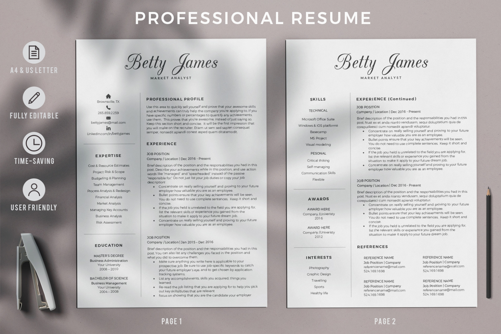 Market Analyst Professional Resume. Minimalist Resume, CV, matching Cover letter and references