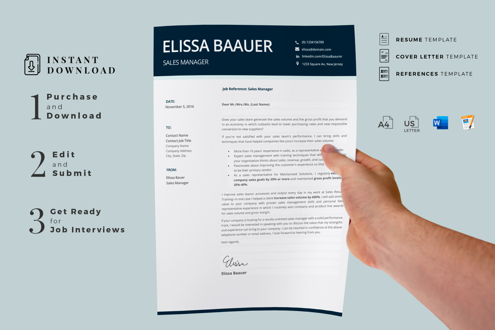 Modern Resume Template. Professional Biodata template for MS Word &amp; Pages. Sales Manager Modern CV