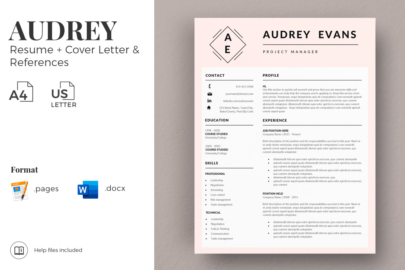 Creative Resume template with Logo. Project manager Resume, matching cover letter + References page