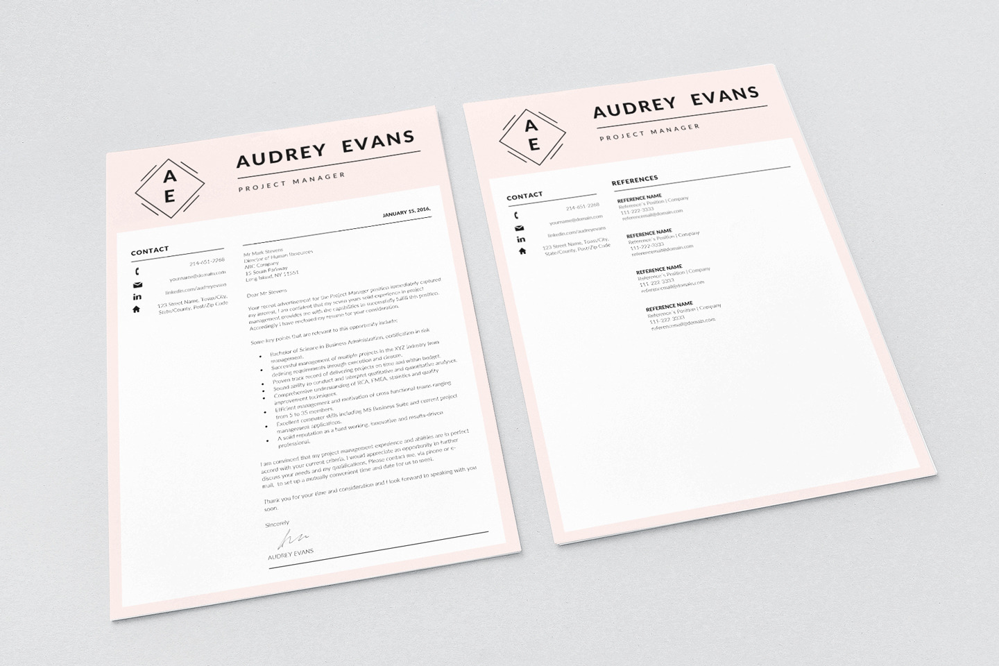 Creative Resume template with Logo. Project manager Resume, matching cover letter + References page