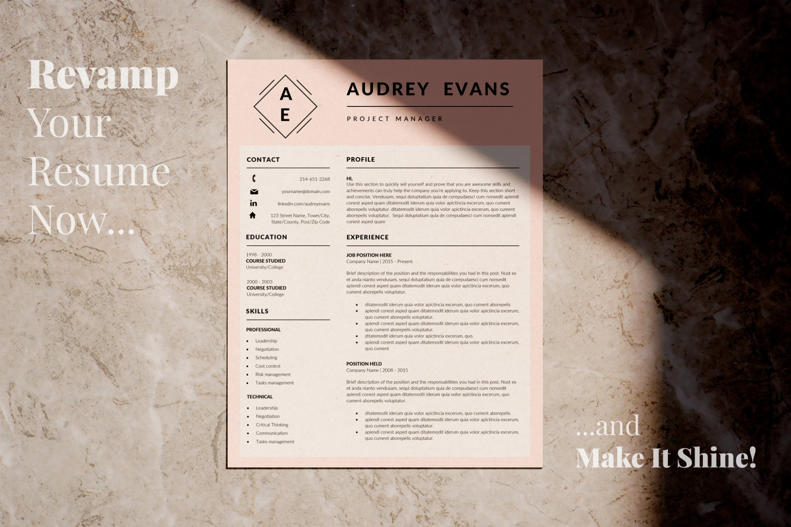 Creative Resume template with Logo. Project manager Resume, matching cover letter + References page