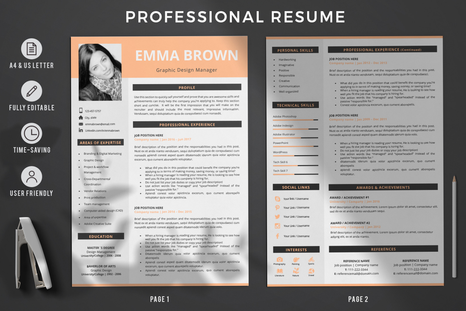 Modern CV Template with Picture for Microsoft Word and Pages and Matching Cover Letter &amp; References