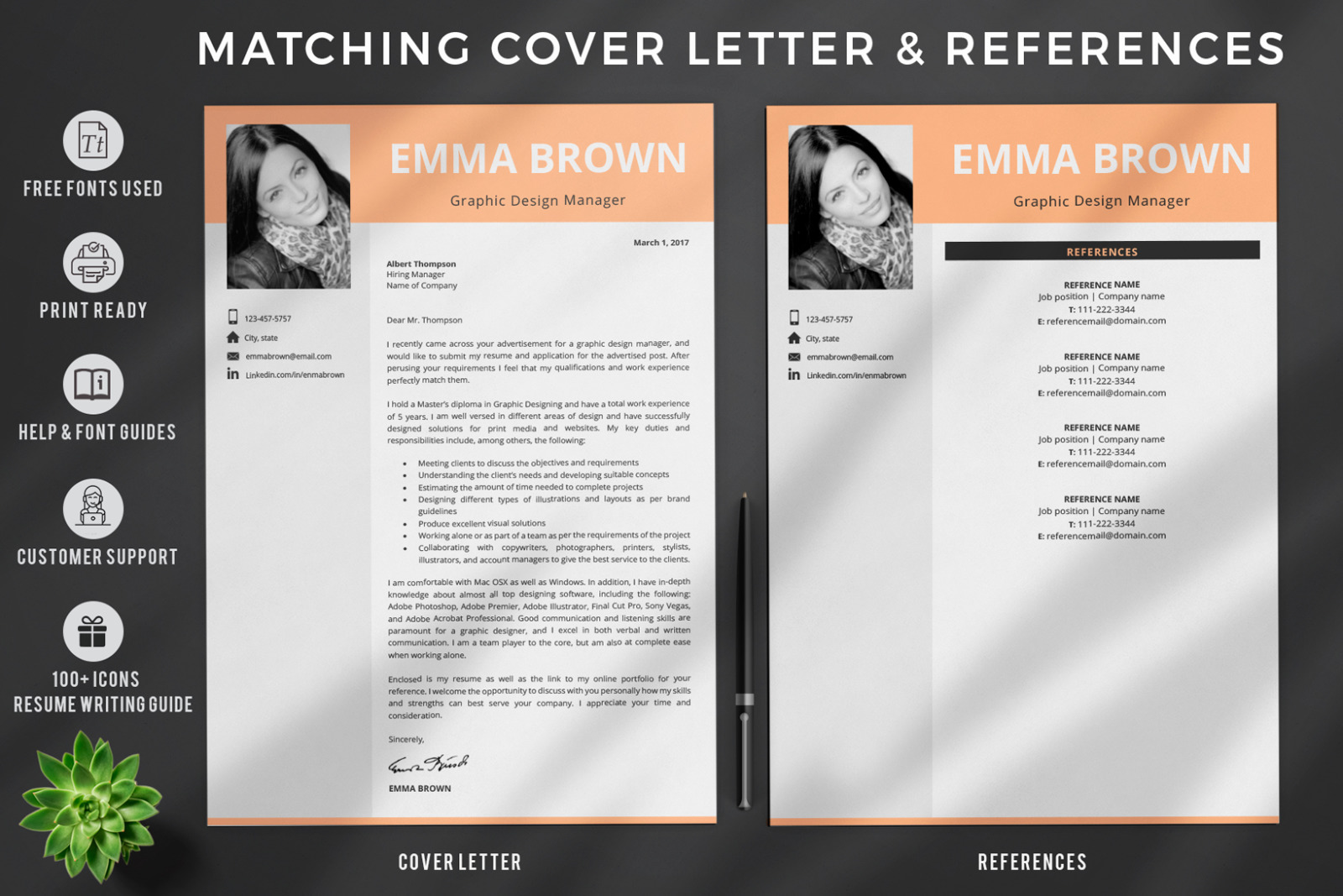 Modern CV Template with Picture for Microsoft Word and Pages and Matching Cover Letter &amp; References