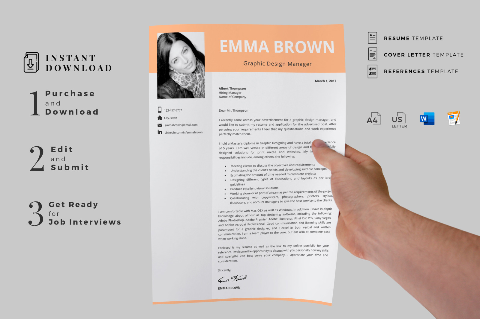 Modern CV Template with Picture for Microsoft Word and Pages and Matching Cover Letter &amp; References