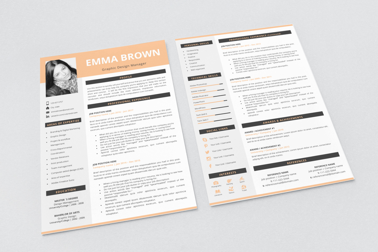 Modern CV Template with Picture for Microsoft Word and Pages and Matching Cover Letter &amp; References