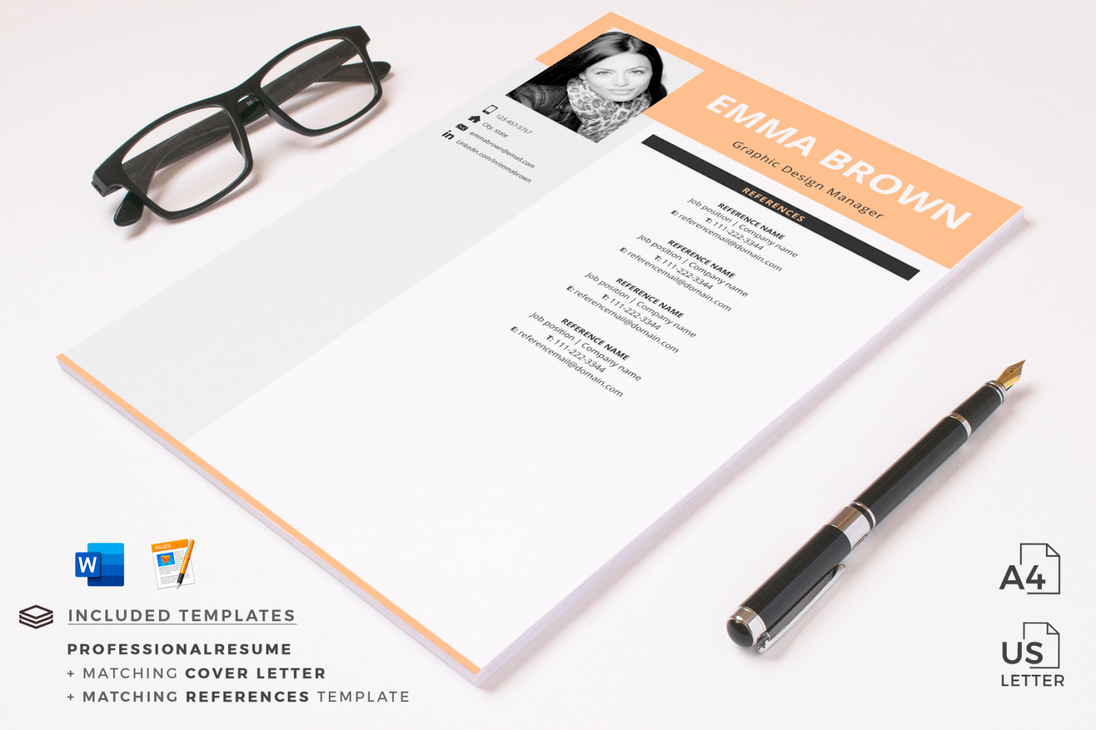 Modern CV Template with Picture for Microsoft Word and Pages and Matching Cover Letter &amp; References