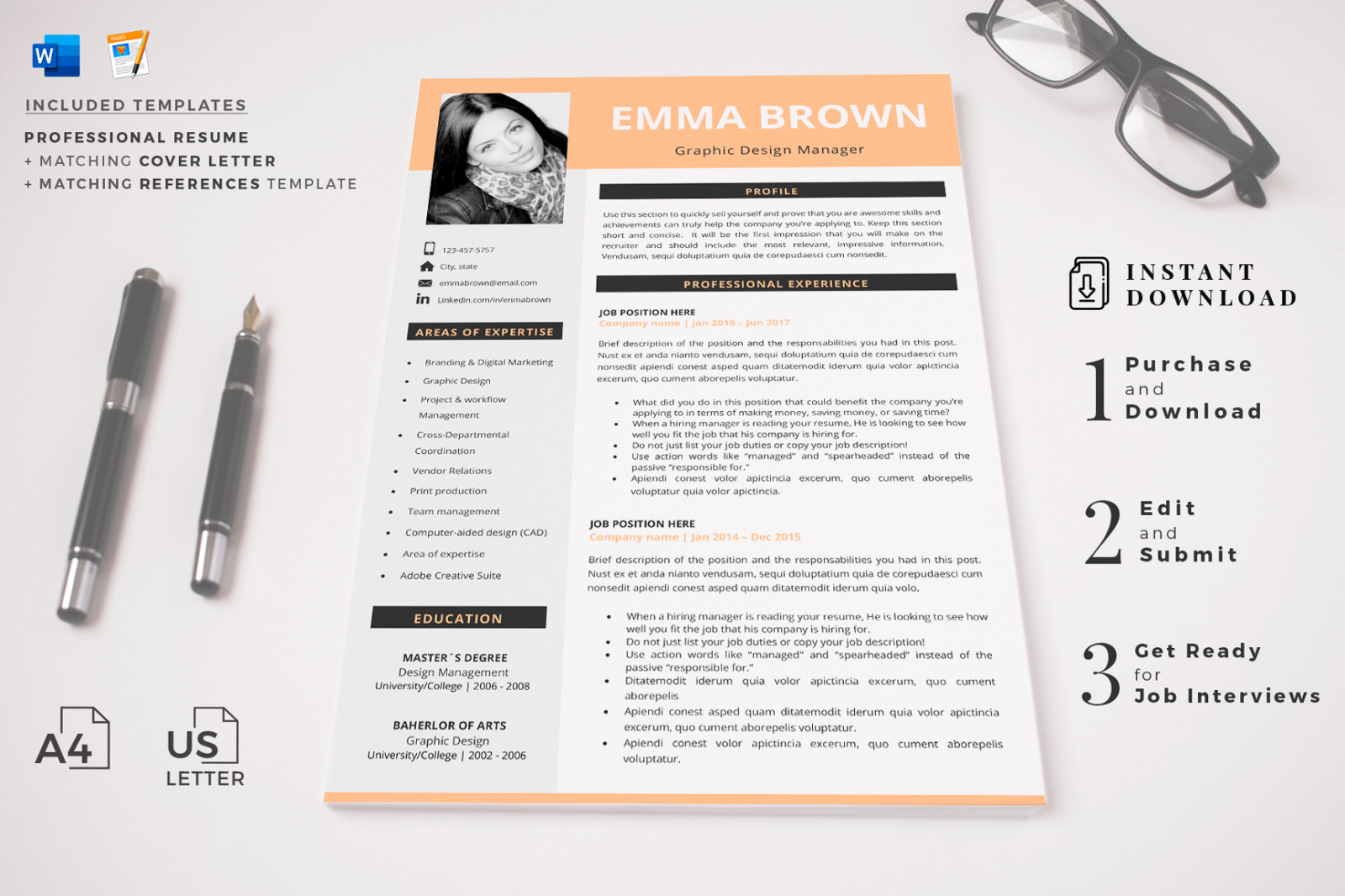 Modern CV Template with Picture for Microsoft Word and Pages and Matching Cover Letter &amp; References