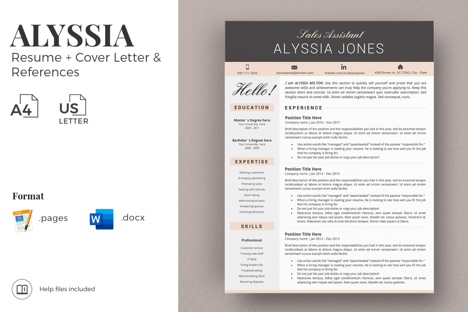 Sales Assistant Resume and Cover Letter template. Modern Resume, CV for MS Word and Apple Pages