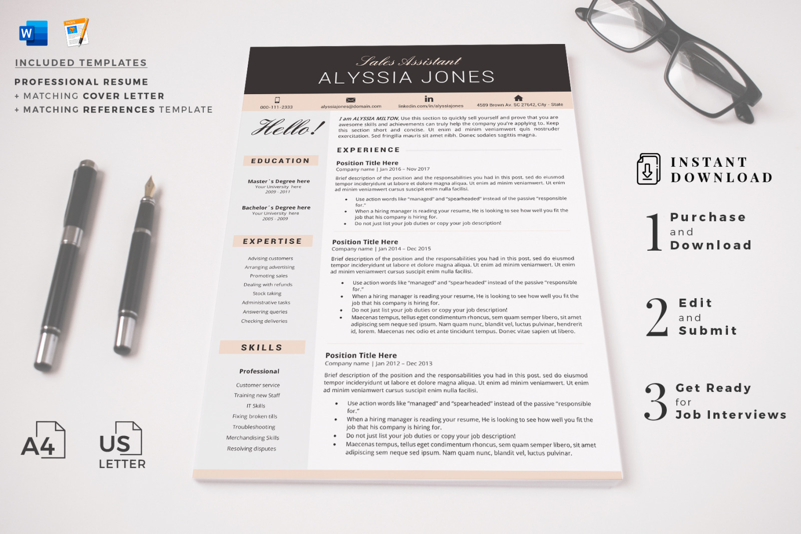 Sales Assistant Resume and Cover Letter template. Modern Resume, CV for MS Word and Apple Pages