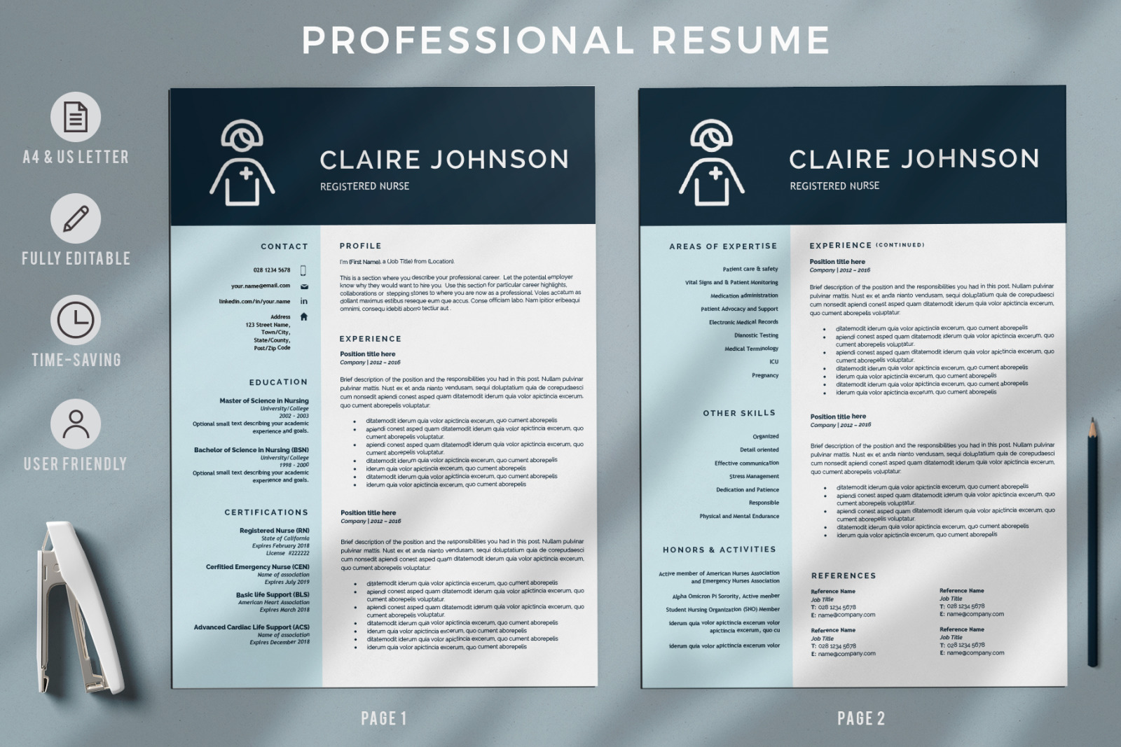 Registered Nurse Resume Template. New grad Nurse resume, CV + Cover letter and References for Word