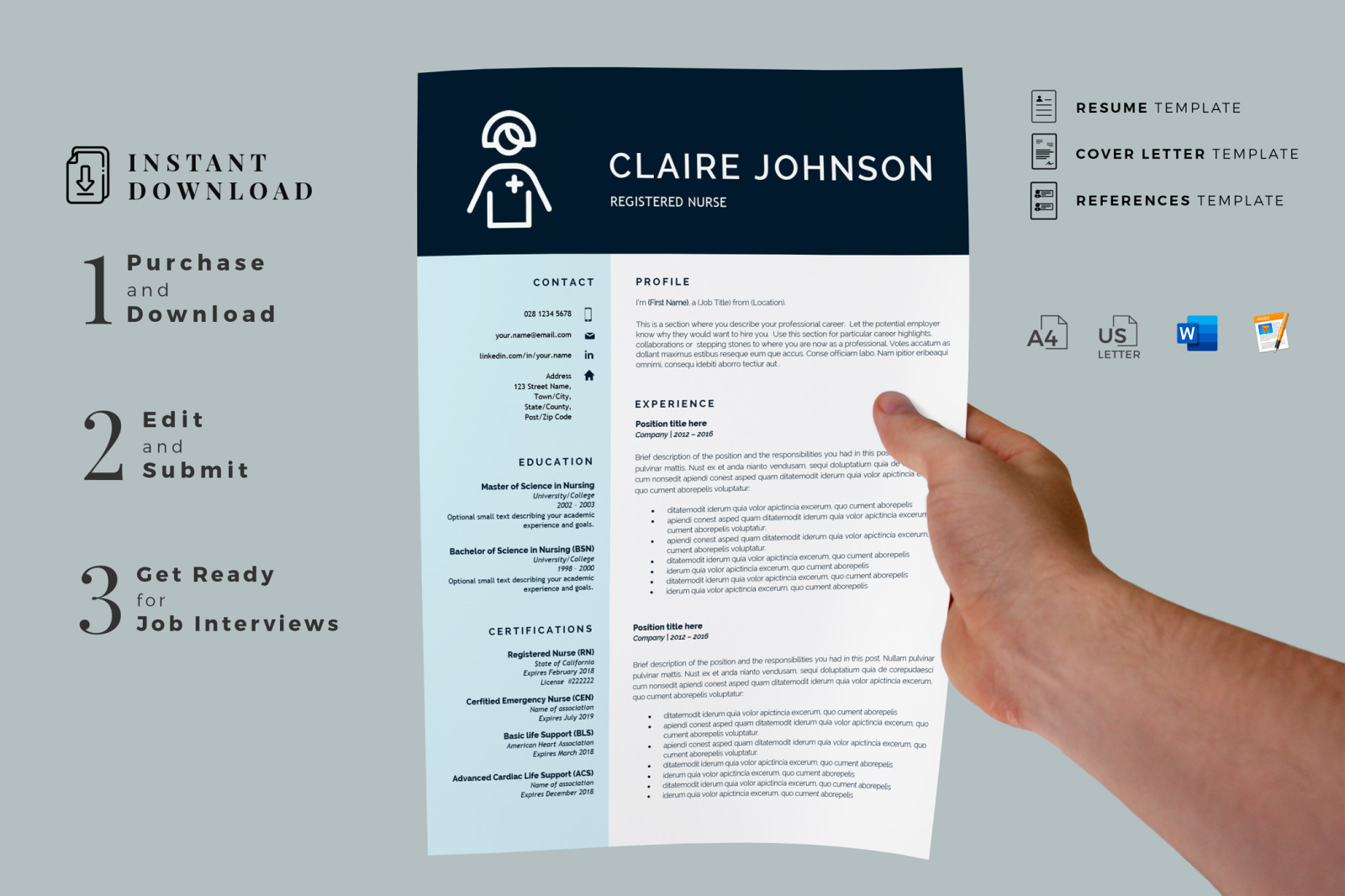 Registered Nurse Resume Template. New grad Nurse resume, CV + Cover letter and References for Word