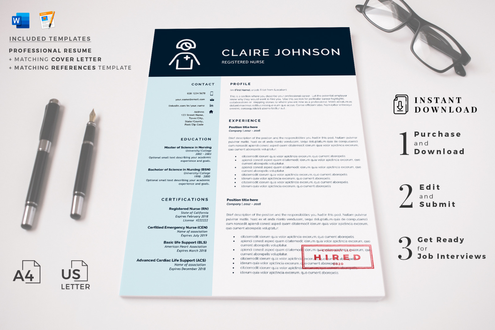 Registered Nurse Resume Template. New grad Nurse resume, CV + Cover letter and References for Word