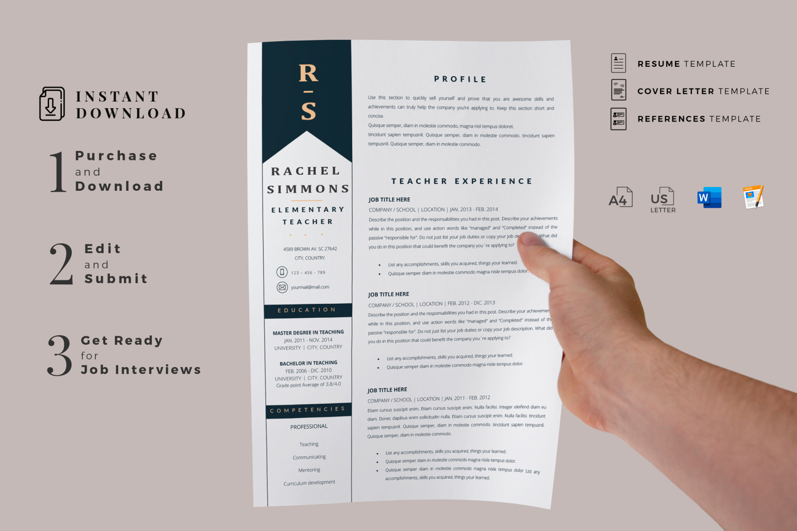 Teacher Resume Template. CV, Resume for Education with Cover Letter, References, Tips and Icons