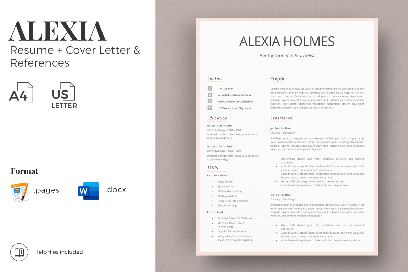 Modern Resume Design + Cover Letter Example + References + Tips. Curriculum for MS Word and Pages